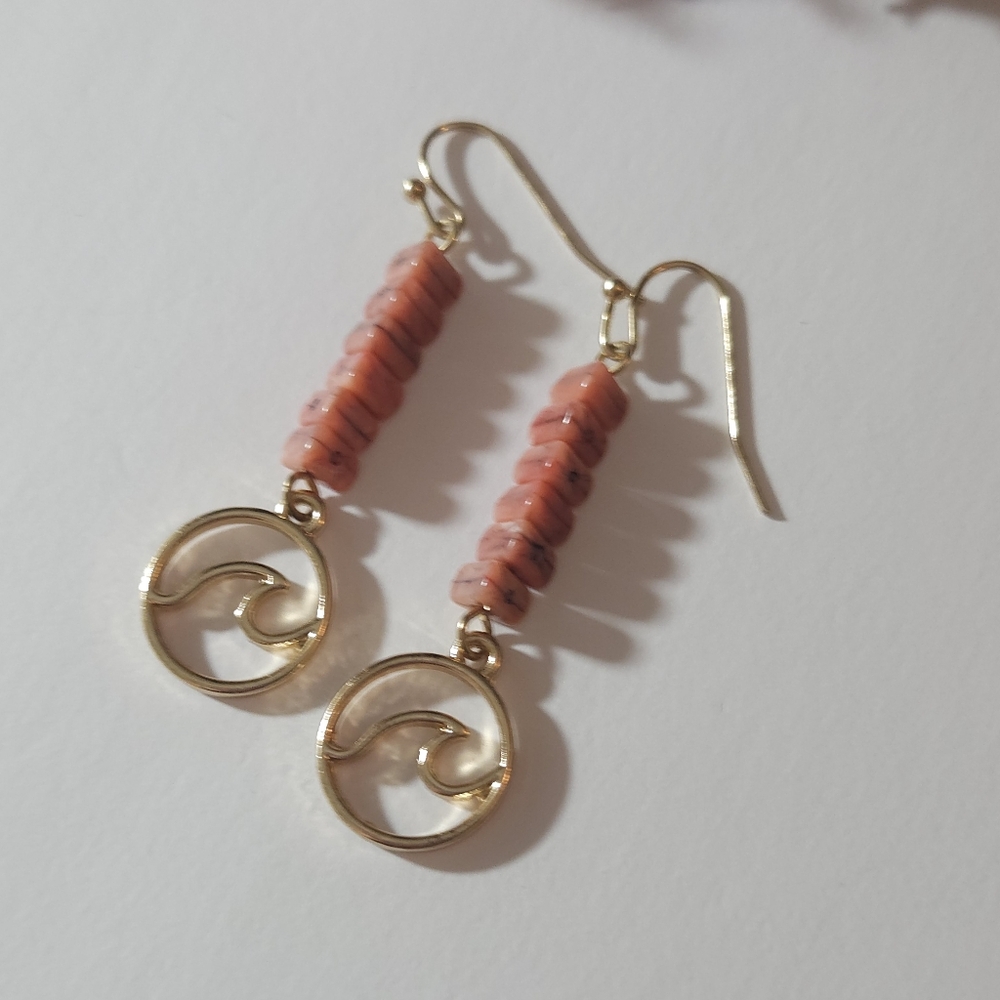 Breaking Waves Coral Gold Plate Wave Dangle Earrings Fog & Fern Clothing Company - Picture 4 of 6